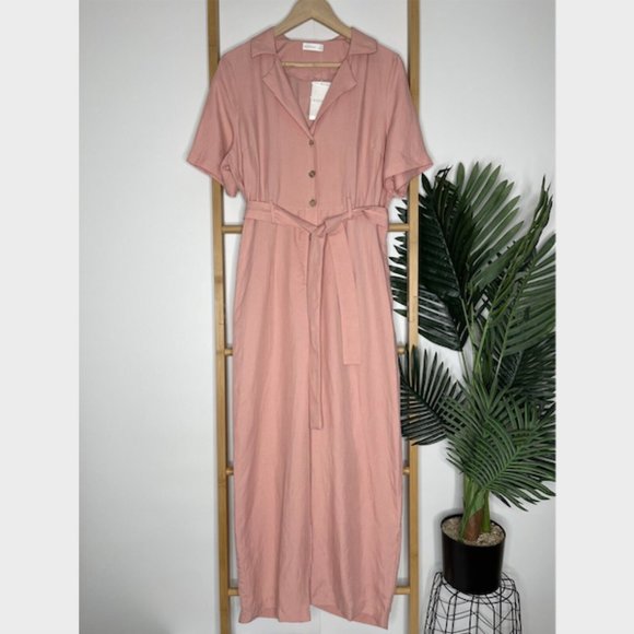 SOLD Kookai Dusty Pink Solace Jumpsuit Size 40 Tencel Linen Blend Collared - Picture 2 of 16